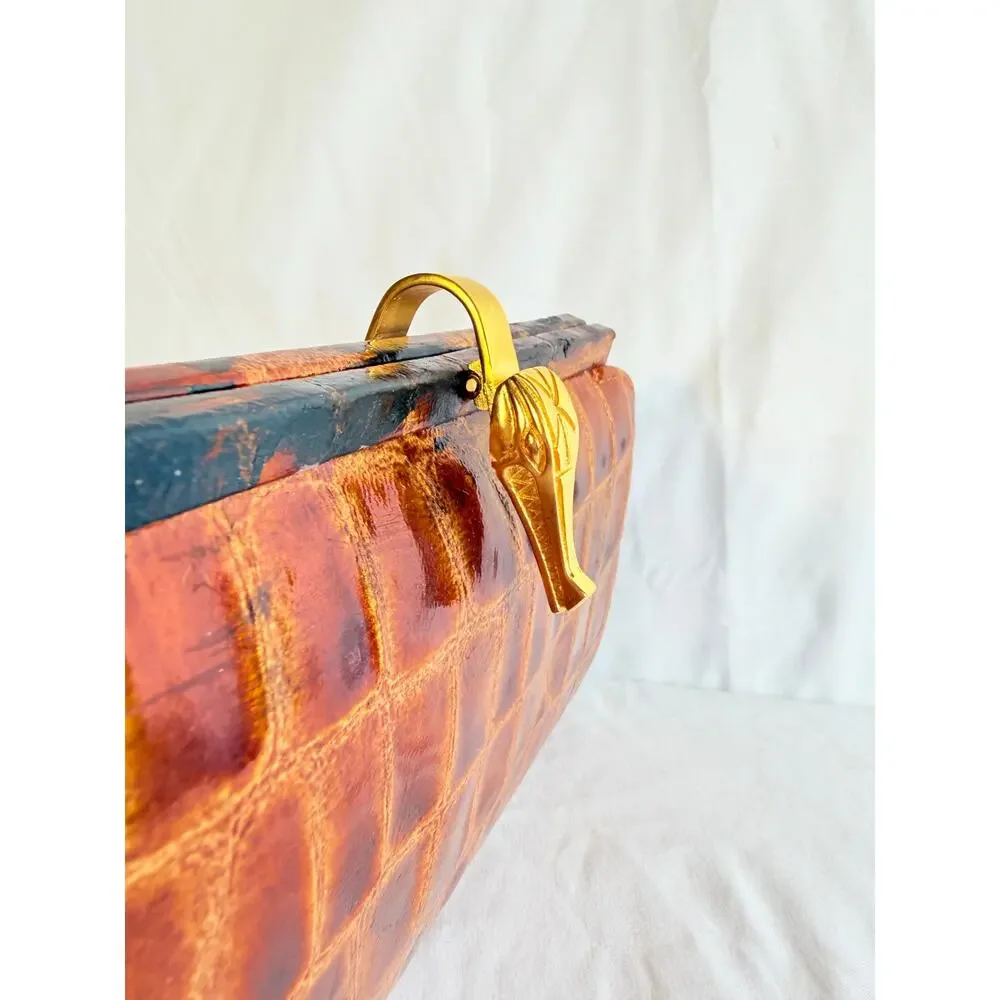 Vintage Ashneil Genuine Alligator Crocodile Clutch Purse Gold Alligator Clasp